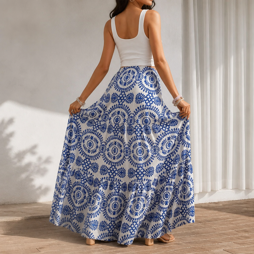 Women's Maxi Skirt – Tiered, Geometric Print, Elastic Waist