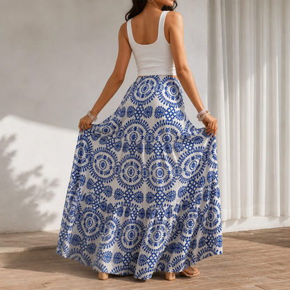 Women's Maxi Skirt – Tiered, Geometric Print, Elastic Waist