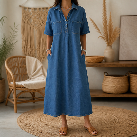 Women's Denim Midi Dress – Collared, Short Sleeves, Pockets