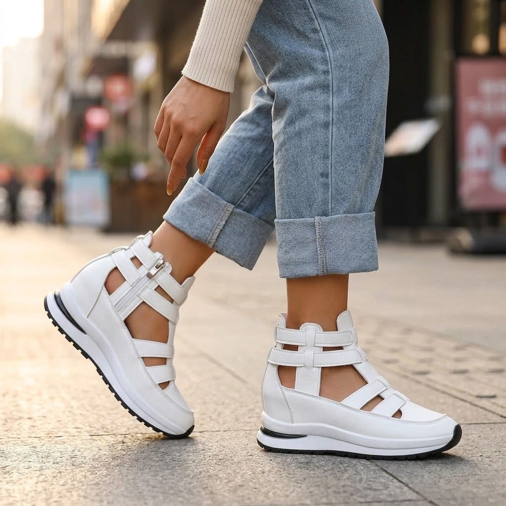 Women's Platform Sandals – Caged Straps, Zip, Cushioned Sole