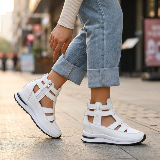 Women's Platform Sandals – Caged Straps, Zip, Cushioned Sole