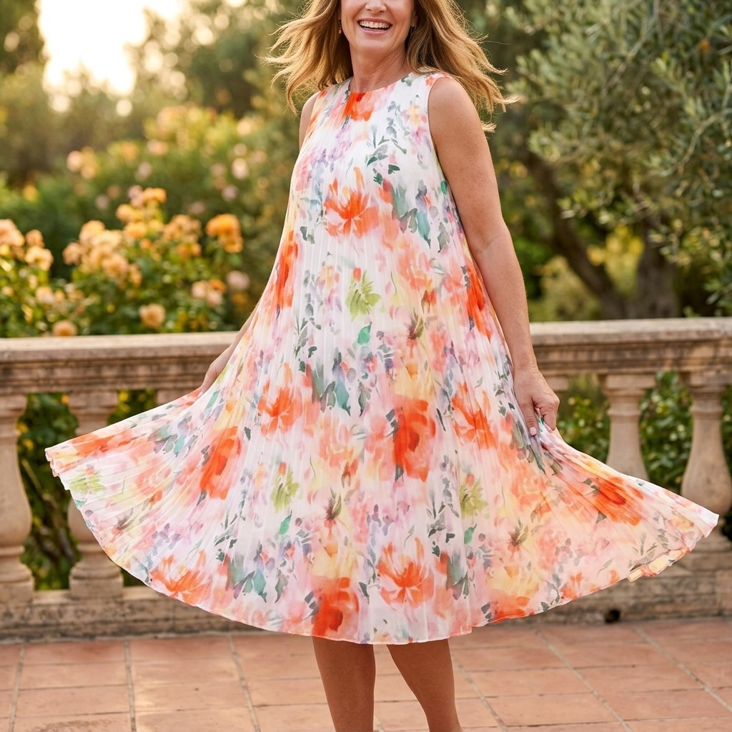 Women's Pleated Midi Dress – Sleeveless, Floral, Relaxed Fit