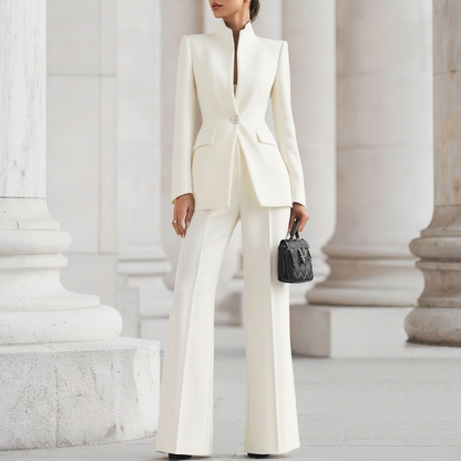 Women's Two-Piece Suit with Stand Collar and Flap Pockets