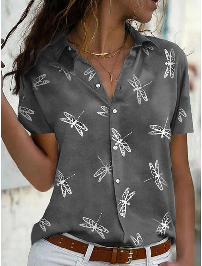 Women's Short Sleeve Shirt with Dragonfly Print