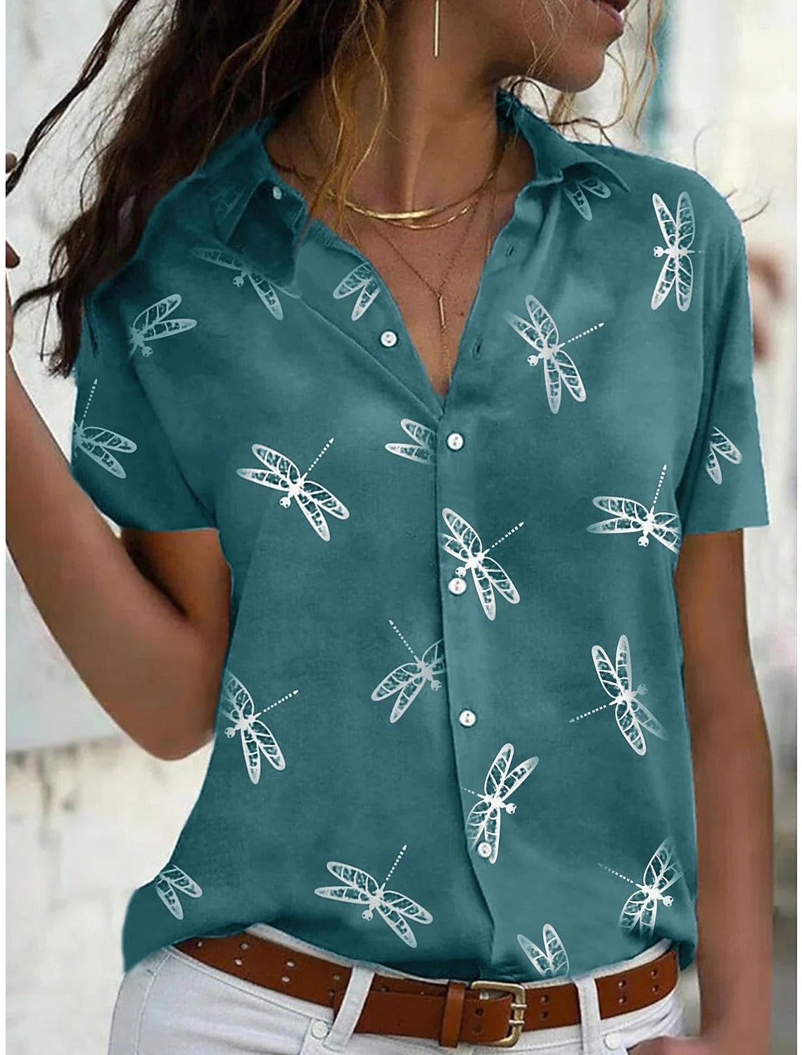 Women's Short Sleeve Shirt with Dragonfly Print