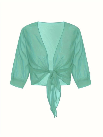 Women's Sheer Chiffon Tie Front Cropped Cardigan
