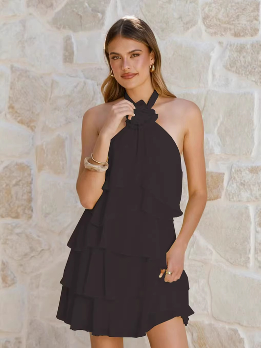 Women's Chiffon Mini Dress – Halter Neck, Tiered Ruffle
