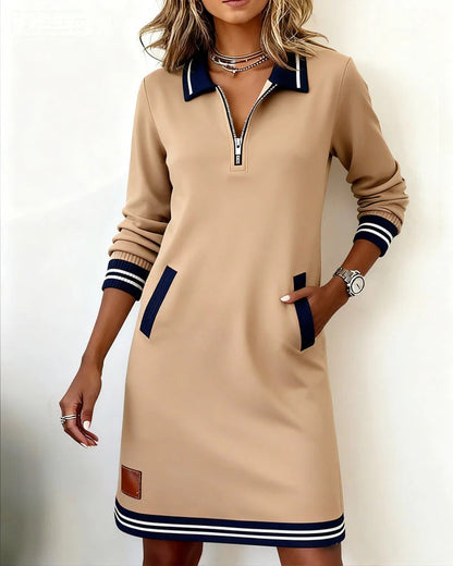 Women's Zip Collar Midi Dress with Striped Trim
