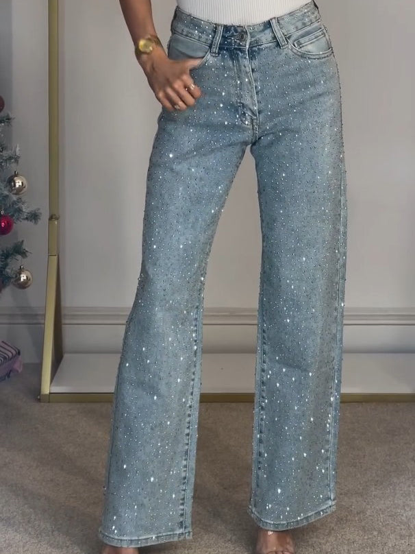 Women's Rhinestone Wide Leg Denim Jeans