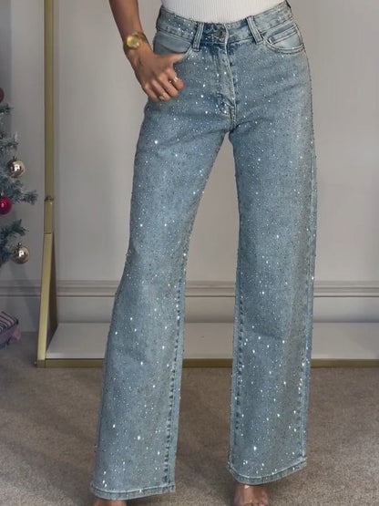 Women's Rhinestone Wide Leg Denim Jeans