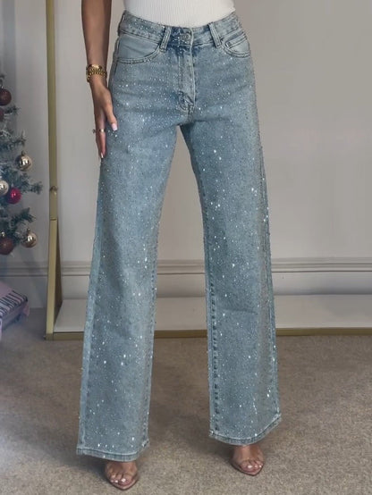 Women's Rhinestone Wide Leg Denim Jeans