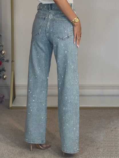 Women's Rhinestone Wide Leg Denim Jeans