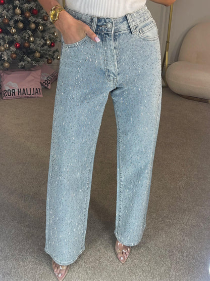 Women's Rhinestone Wide Leg Denim Jeans