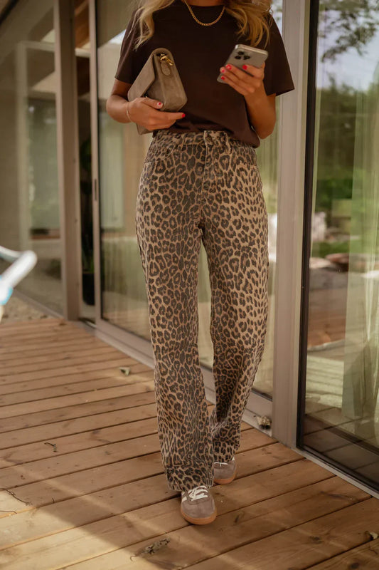 Women's High Waist Leopard Print Wide Leg Pants