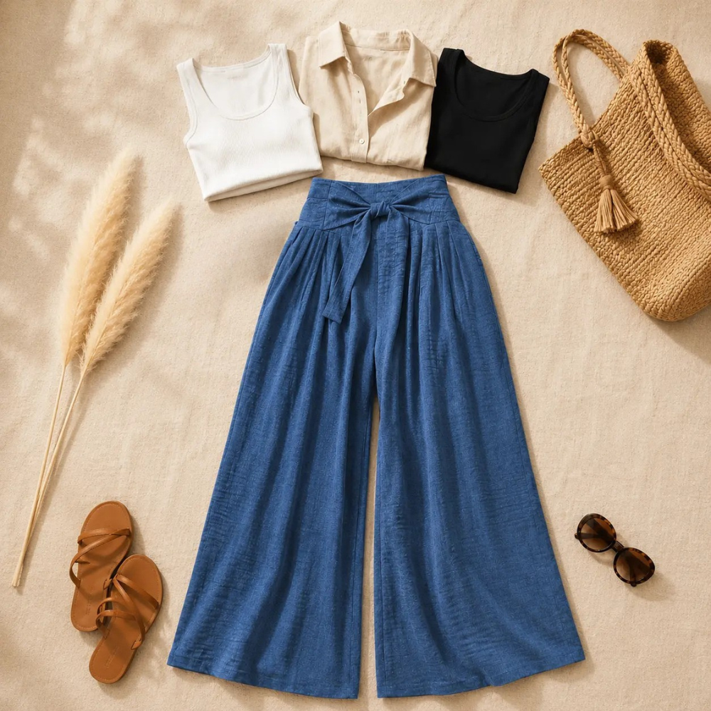 Women's High Waist Wide Leg Pants with Tie Front