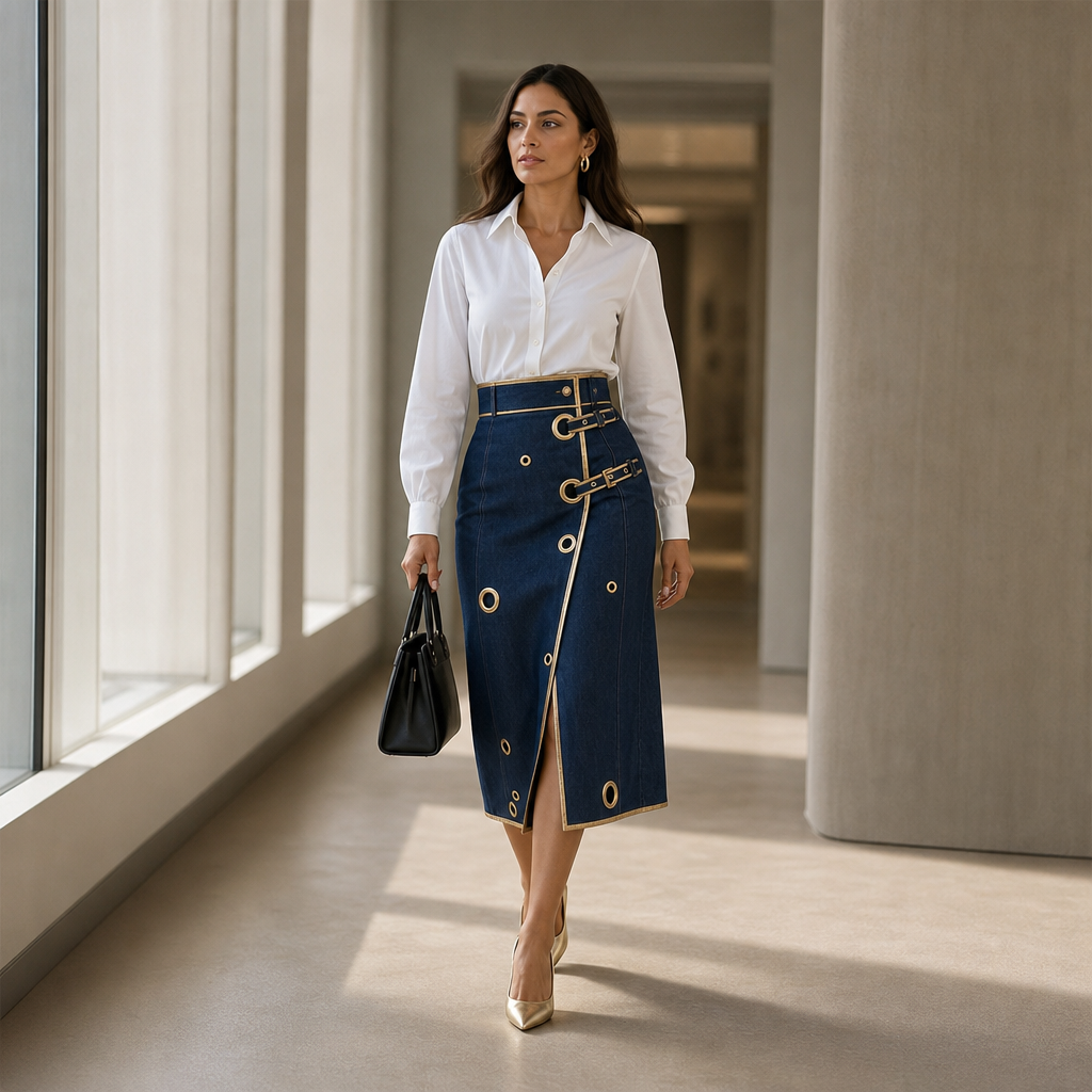 Women's Wrap Midi Skirt – Asymmetric, Gold Trim, Buckle Closure