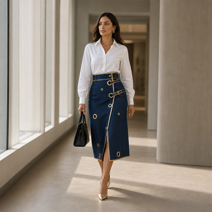 Women's Wrap Midi Skirt – Asymmetric, Gold Trim, Buckle Closure