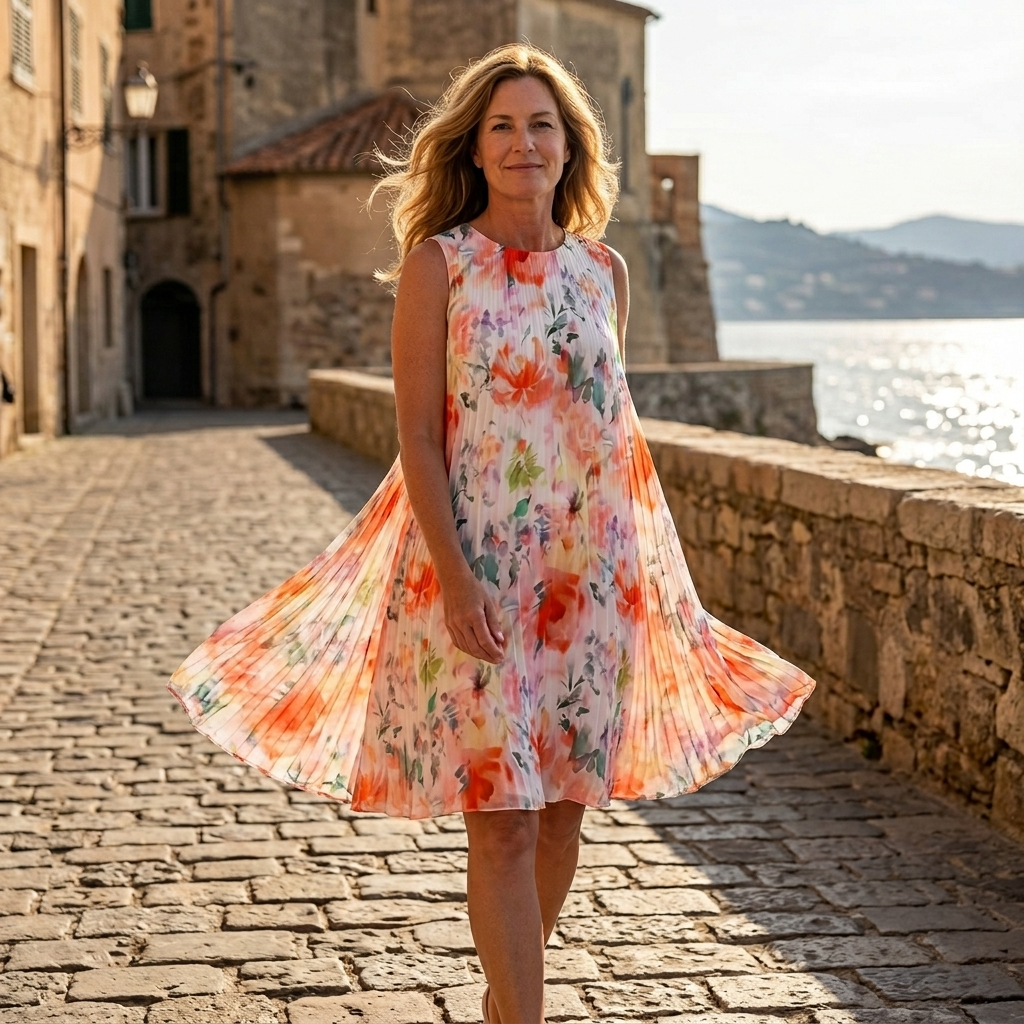 Women's Pleated Midi Dress – Sleeveless, Floral, Relaxed Fit