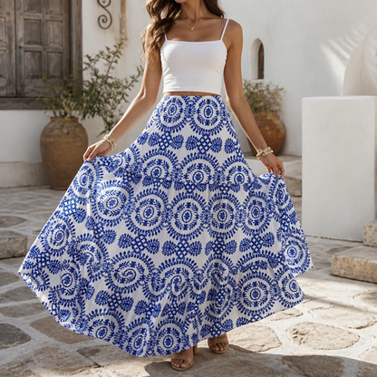 Women's Maxi Skirt – Tiered, Geometric Print, Elastic Waist