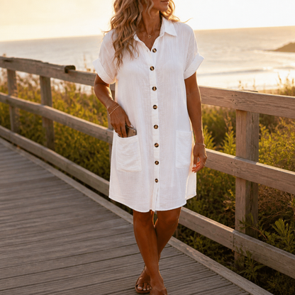 Women's Midi Shirt Dress – Short Sleeve, Pockets, Textured Weave