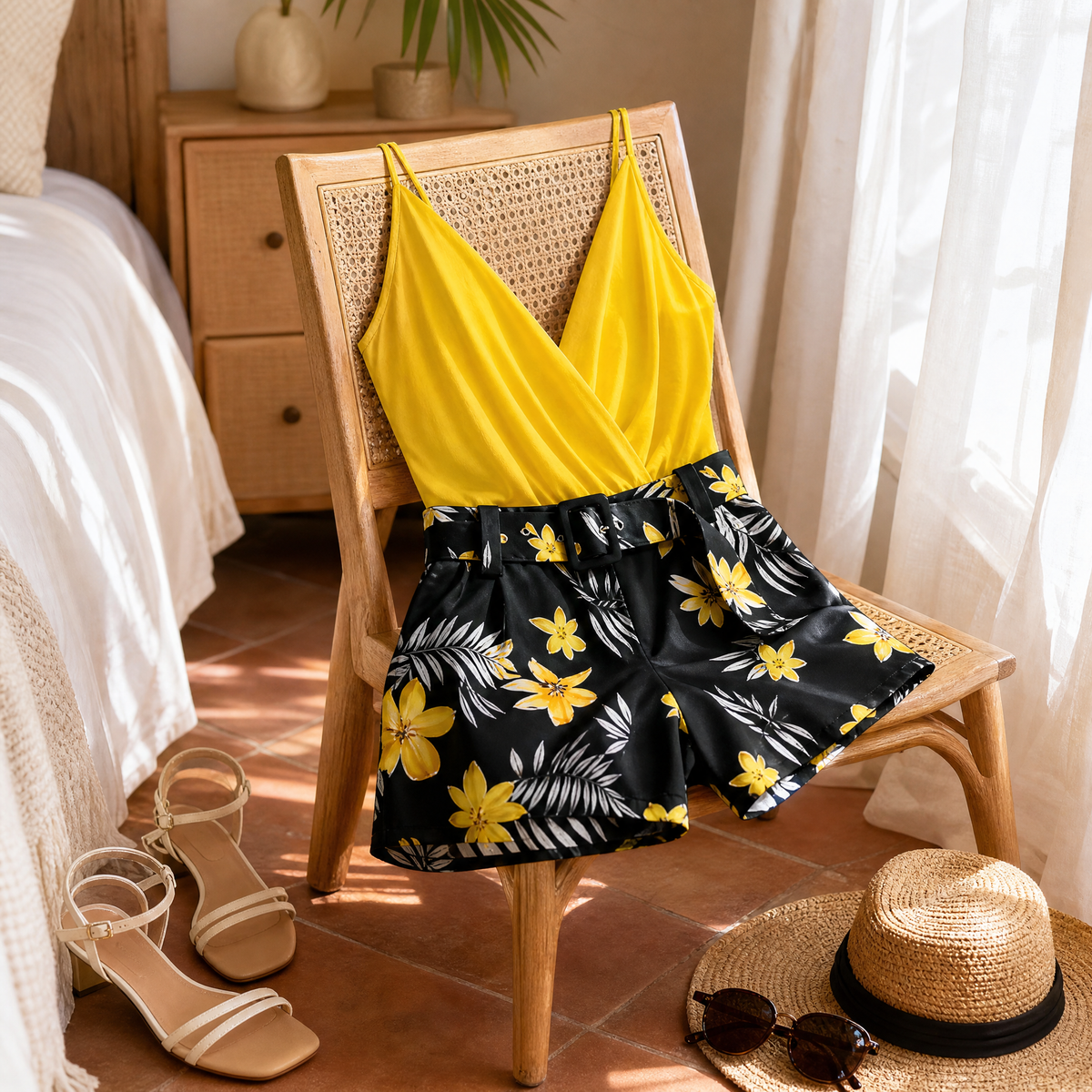 Women's Two-Piece Set – Floral, Wrap V-Neck, High-Waisted