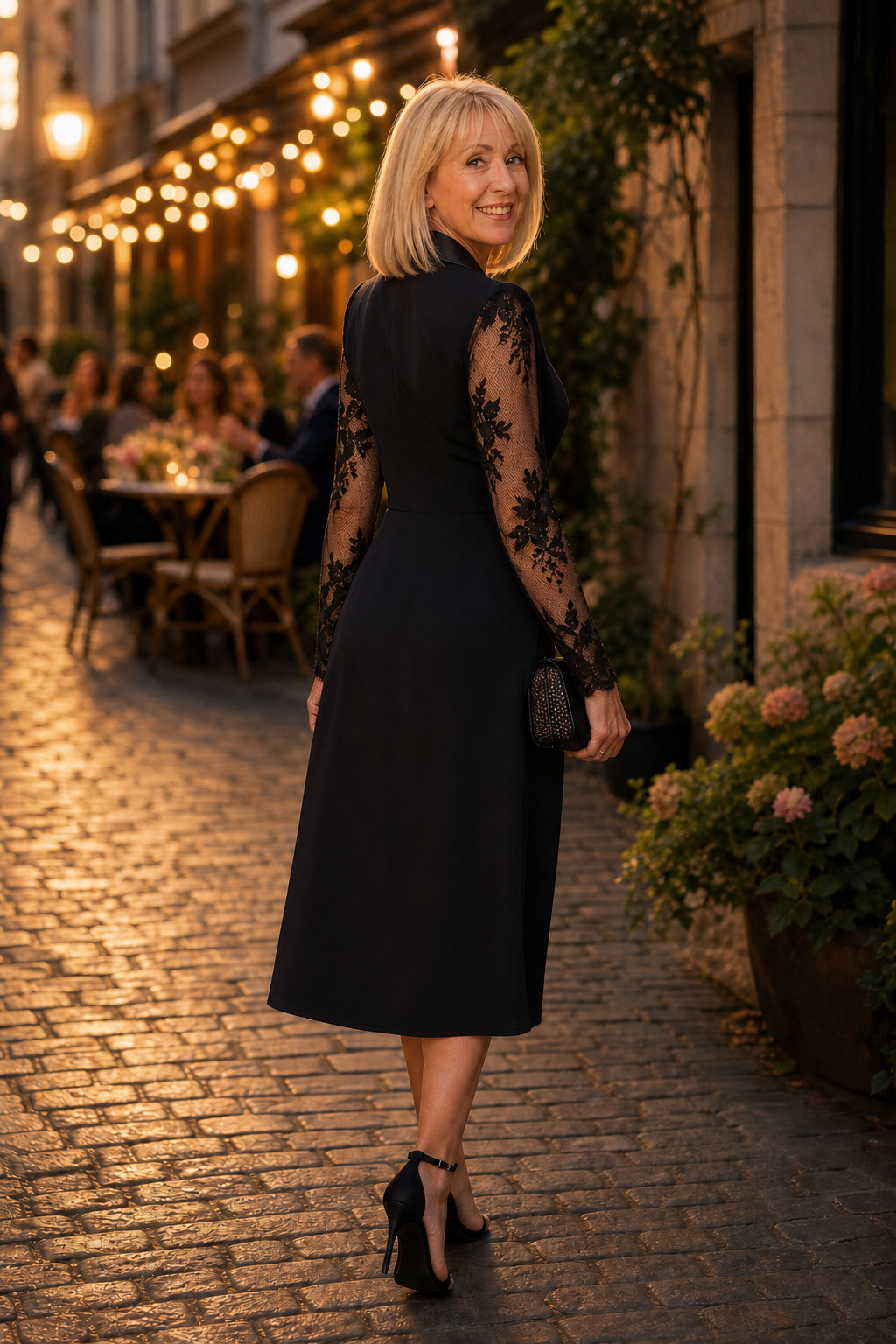 Women's Wrap Midi Dress – Cocktail, Lace Sleeves, Lapel Collar