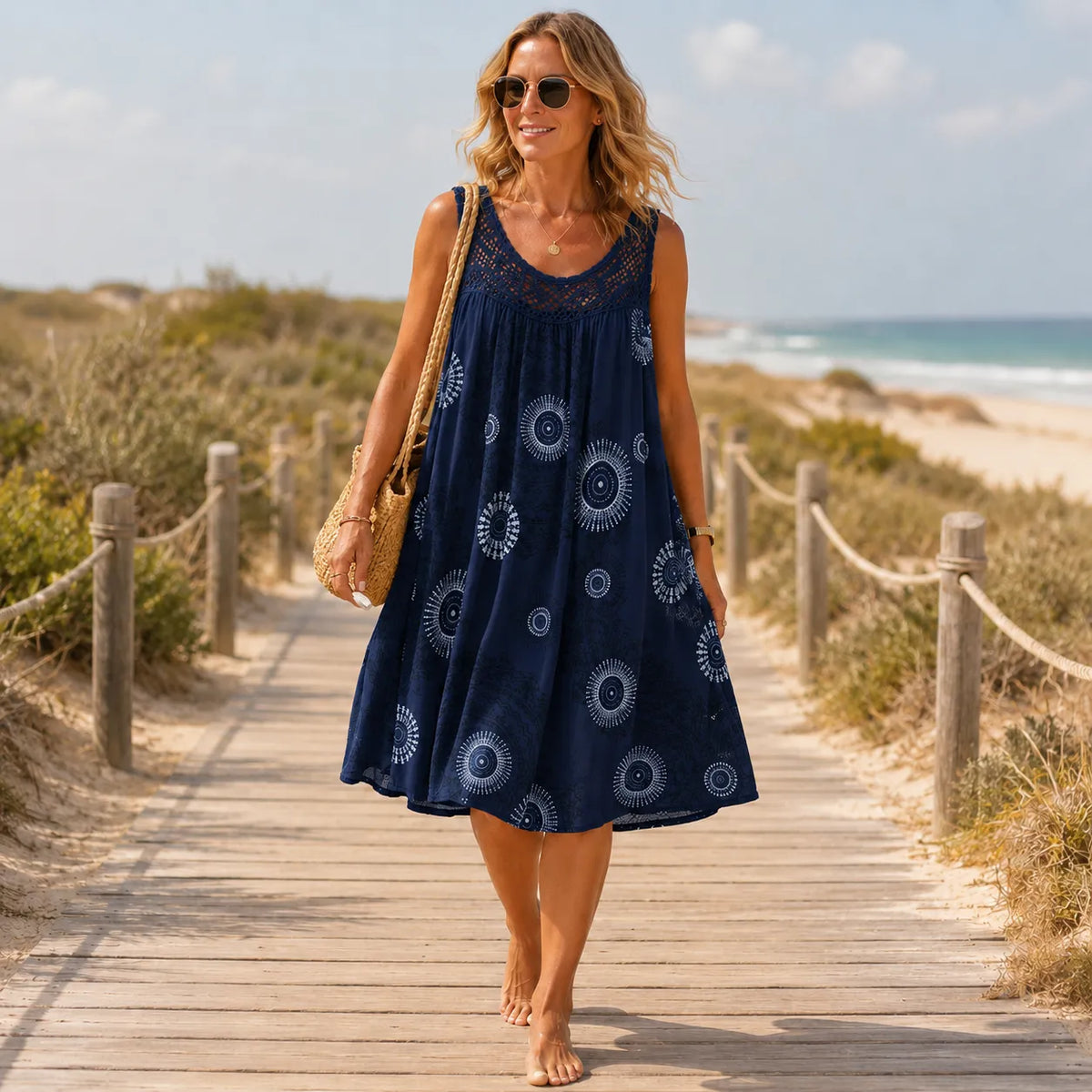 Women's Summer Mini Dress – Lace Yoke, A-Line Fit