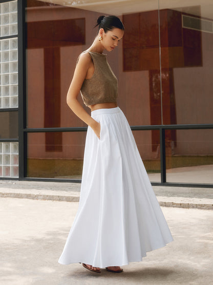 Women's High Waist Pleated Maxi Skirt with Pockets