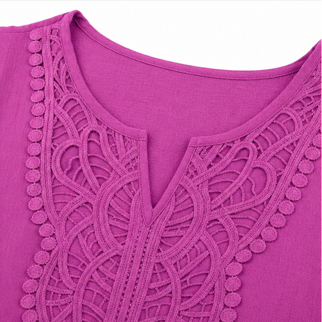 Women's A-Line Midi Dress – Lace Bib, Split Notch Neck, Pockets