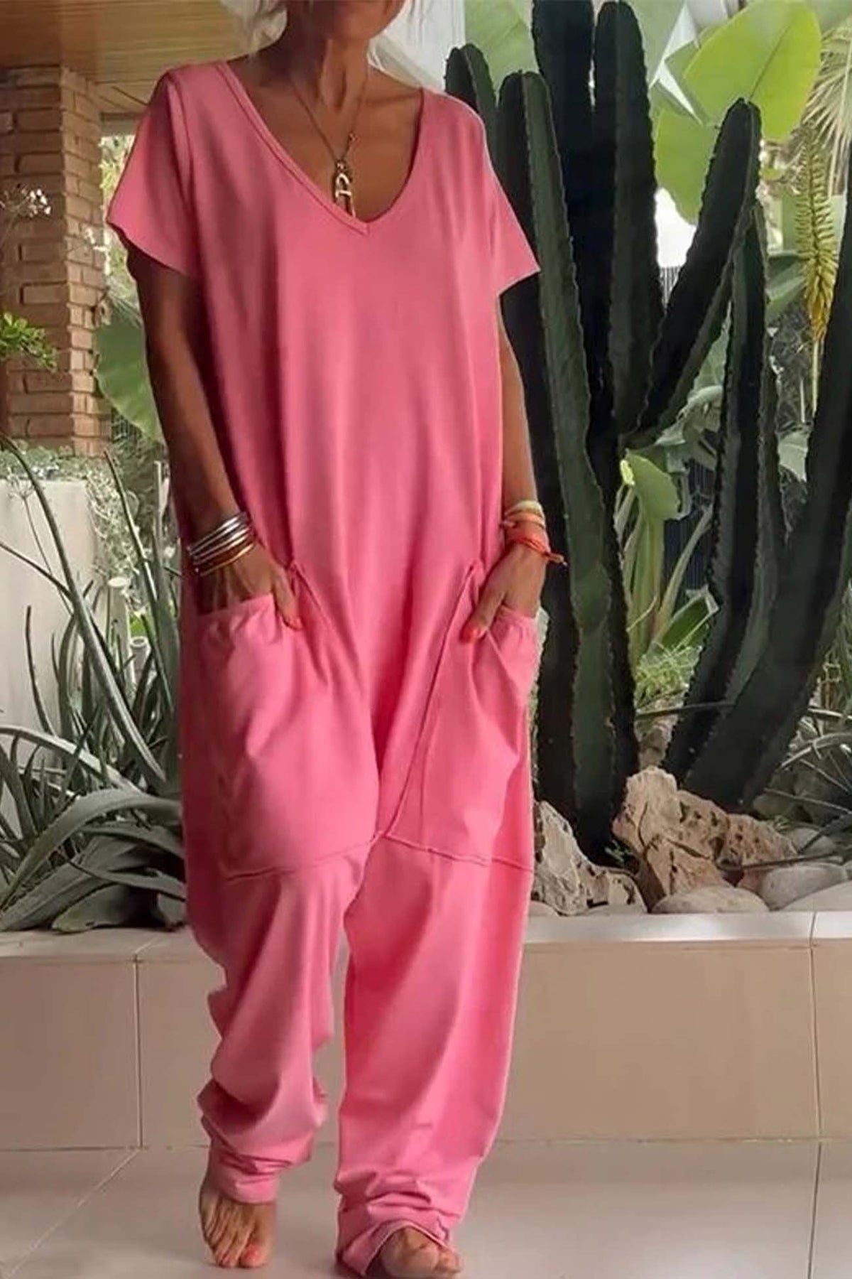 Women's Loose V-Neck Jumpsuit with Short Sleeves and Pockets