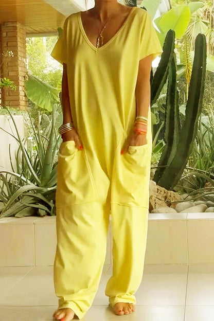 Women's Loose V-Neck Jumpsuit with Short Sleeves and Pockets