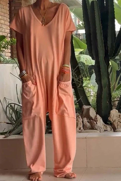 Women's Loose V-Neck Jumpsuit with Short Sleeves and Pockets