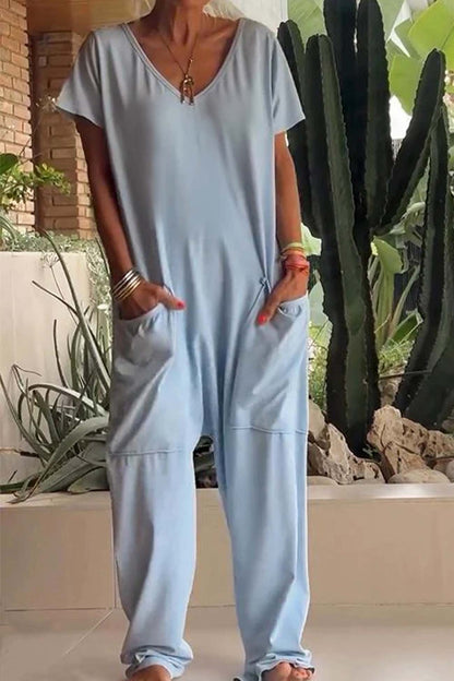 Women's Loose V-Neck Jumpsuit with Short Sleeves and Pockets