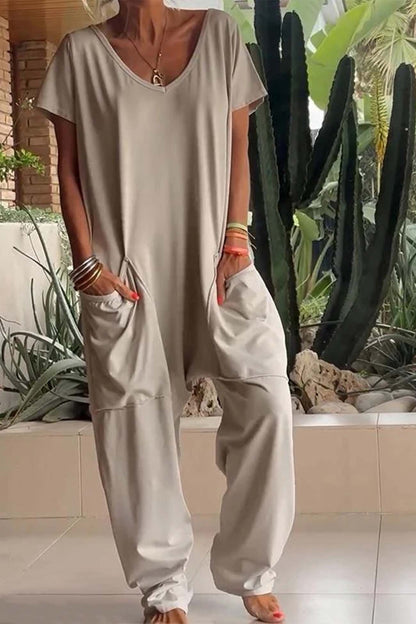 Women's Loose V-Neck Jumpsuit with Short Sleeves and Pockets