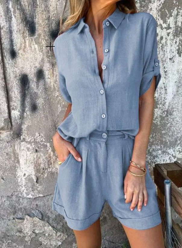 Women's Button-Down Shirt and Shorts Two-Piece Set