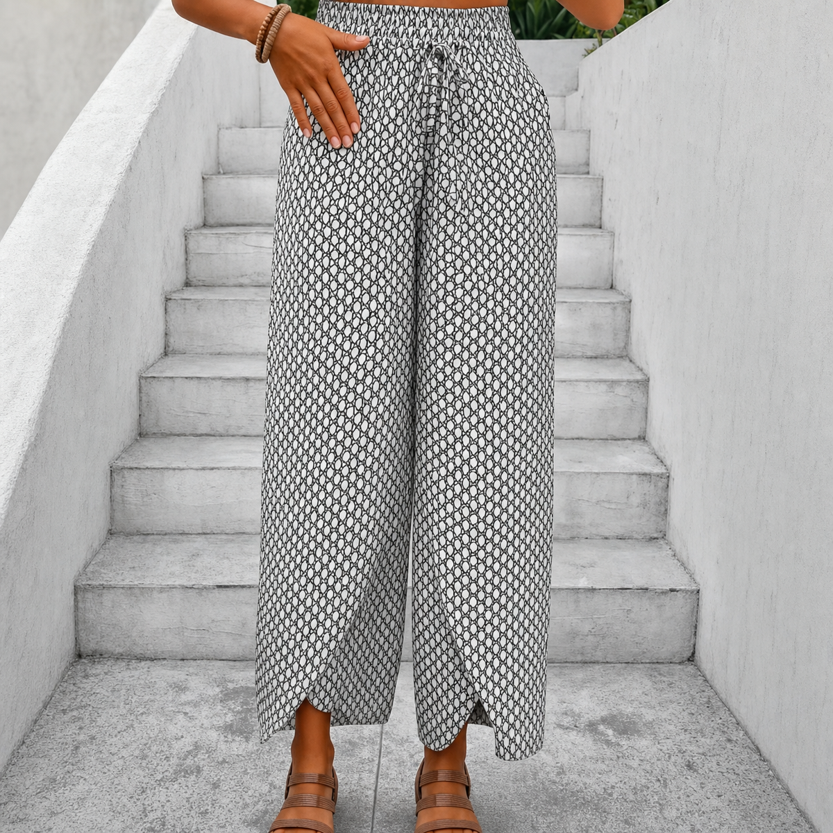 Women's Wide-Leg Pants – Floral, Wrap Slit, Smocked Waist