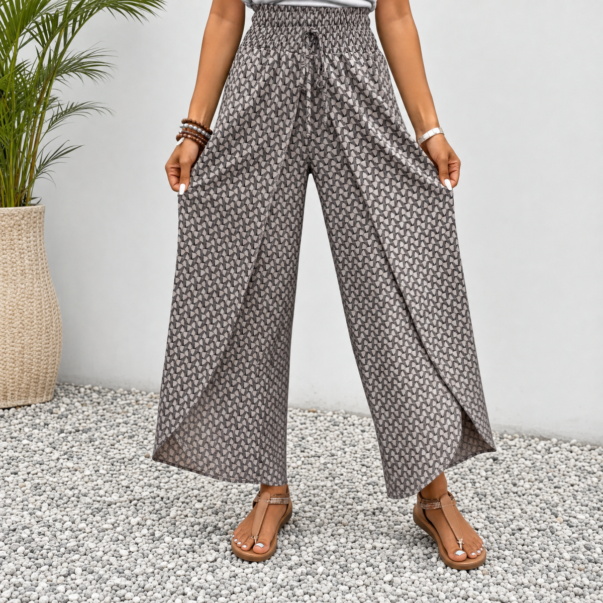 Women's Wide-Leg Pants – Floral, Wrap Slit, Smocked Waist