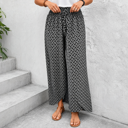 Women's Wide-Leg Pants – Floral, Wrap Slit, Smocked Waist