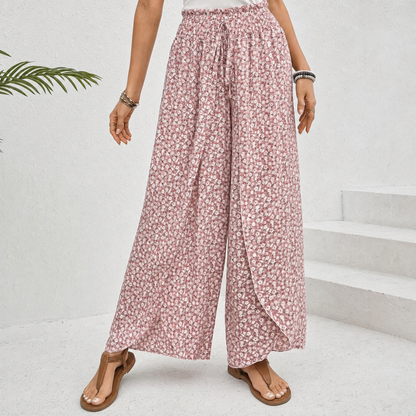 Women's Wide-Leg Pants – Floral, Wrap Slit, Smocked Waist