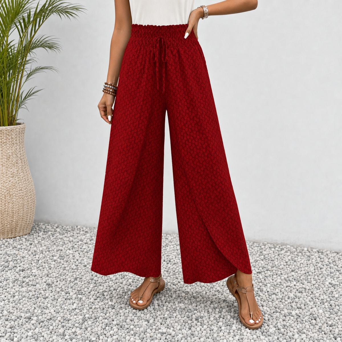 Women's Wide-Leg Pants – Floral, Wrap Slit, Smocked Waist