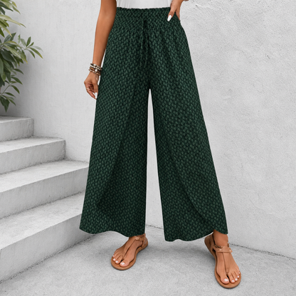 Women's Wide-Leg Pants – Floral, Wrap Slit, Smocked Waist