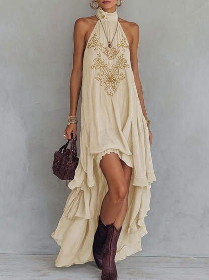 Women's Maxi Dress – Halter Neck, Embroidered, High-Low Hemline
