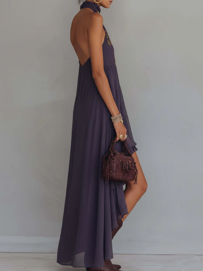Women's Maxi Dress – Halter Neck, Embroidered, High-Low Hemline