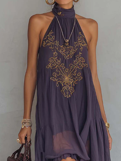 Women's Maxi Dress – Halter Neck, Embroidered, High-Low Hemline