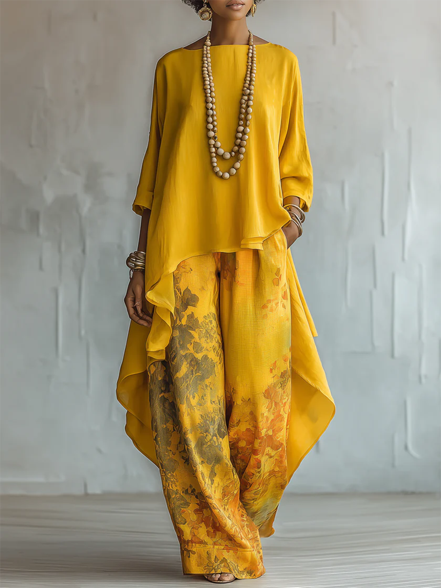 Women's Asymmetric Top and Floral Wide Leg Pants Set