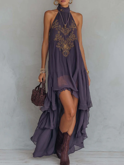 Women's Maxi Dress – Halter Neck, Embroidered, High-Low Hemline