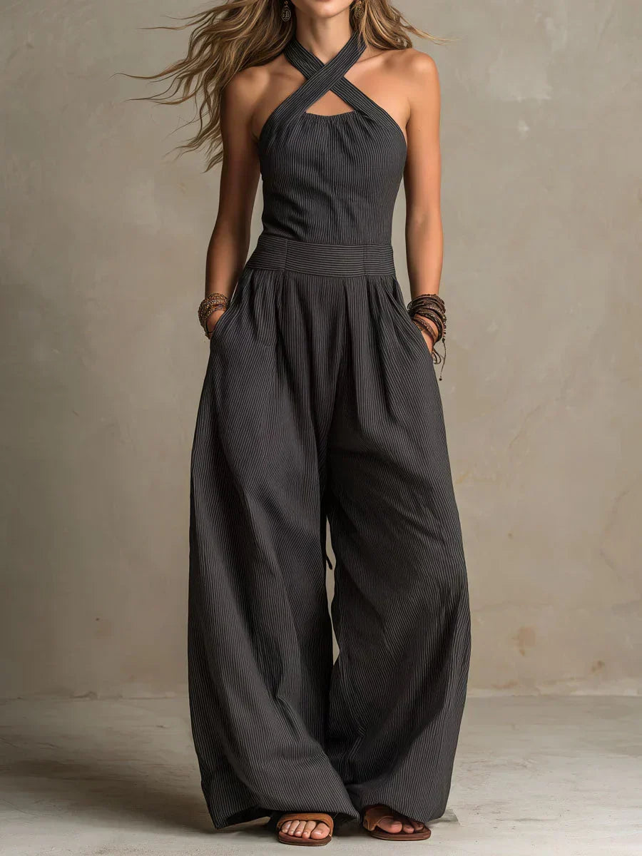 Women's Cotton Linen Jumpsuit with Crossed Halter Neck