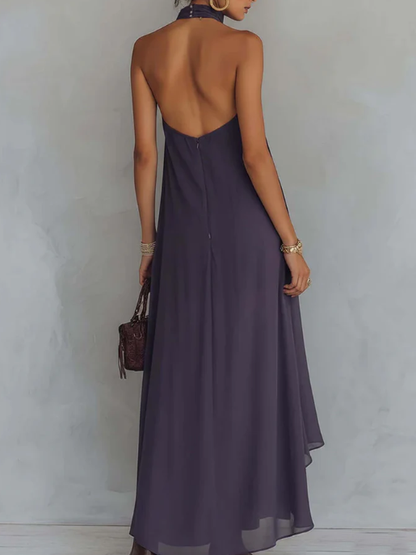 Women's Maxi Dress – Halter Neck, Embroidered, High-Low Hemline
