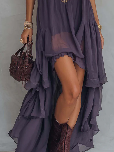 Women's Maxi Dress – Halter Neck, Embroidered, High-Low Hemline