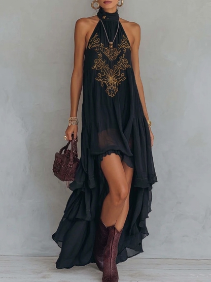 Women's Maxi Dress – Halter Neck, Embroidered, High-Low Hemline